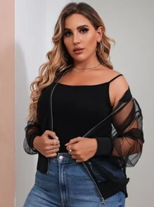 Calvaya Plus Solid Zip Up Mesh Bomber Jacket Fall Winter Cloth For Women Autumn - Black - View 5