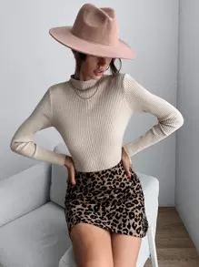 小高領條紋針織修身套頭毛衣 - 杏色 - 查看 3