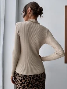 小高領條紋針織修身套頭毛衣 - 杏色 - 查看 2