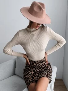 小高領條紋針織修身套頭毛衣 - 杏色 - 查看 5