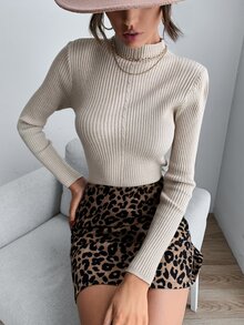 小高領條紋針織修身套頭毛衣 - 杏色 - 查看 6