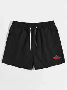 ROMWE MEN Prep Pantalones cortos con cordón en la cintura y bordado de rosas para hombres, escuela - Negro - Ver 1