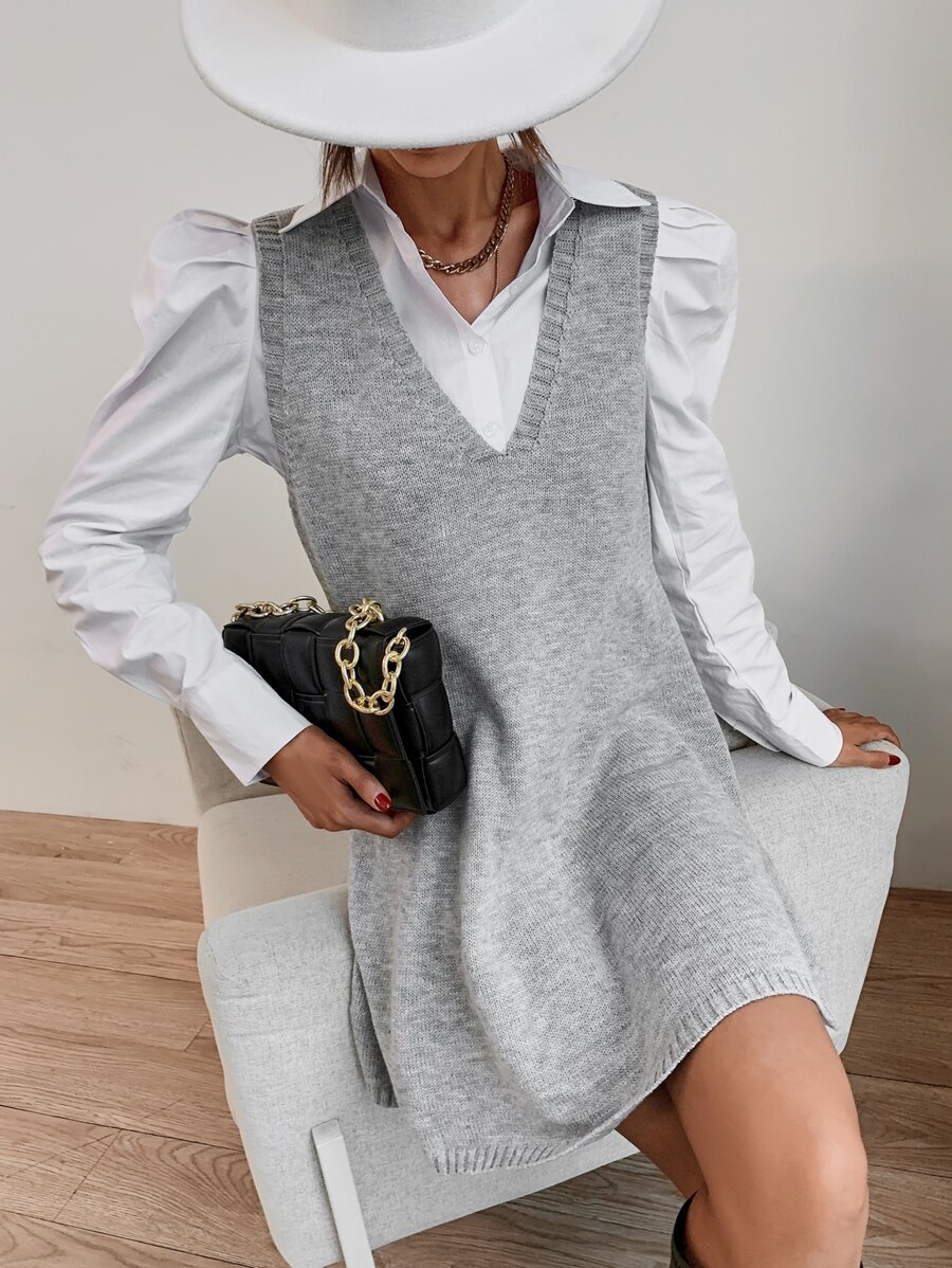 SHEIN Privé V-neck Solid Jumper Dress Without Blouse - Light Grey - View 1