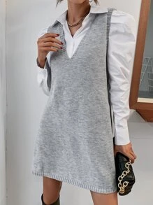 SHEIN Privé V-neck Solid Jumper Dress Without Blouse - Light Grey - View 4