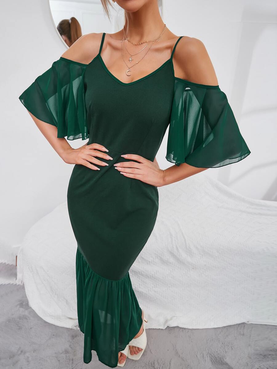 Modelyn Đầm Tương phản Mesh Viên lá sen màu trơn Thanh lịch - Màu xanh lá cây đậm - Xem 1