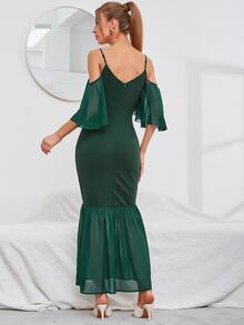 Modelyn Đầm Tương phản Mesh Viên lá sen màu trơn Thanh lịch - Màu xanh lá cây đậm - Xem 2