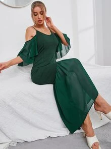 Modelyn Đầm Tương phản Mesh Viên lá sen màu trơn Thanh lịch - Màu xanh lá cây đậm - Xem 3