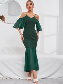 Modelyn Đầm Tương phản Mesh Viên lá sen màu trơn Thanh lịch - Màu xanh lá cây đậm - Xem 4