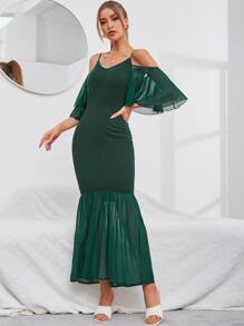 Modelyn Đầm Tương phản Mesh Viên lá sen màu trơn Thanh lịch - Màu xanh lá cây đậm - Xem 5