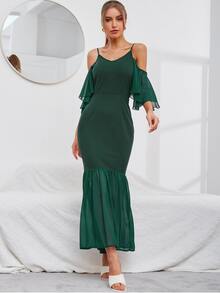 Modelyn Đầm Tương phản Mesh Viên lá sen màu trơn Thanh lịch - Màu xanh lá cây đậm - Xem 6