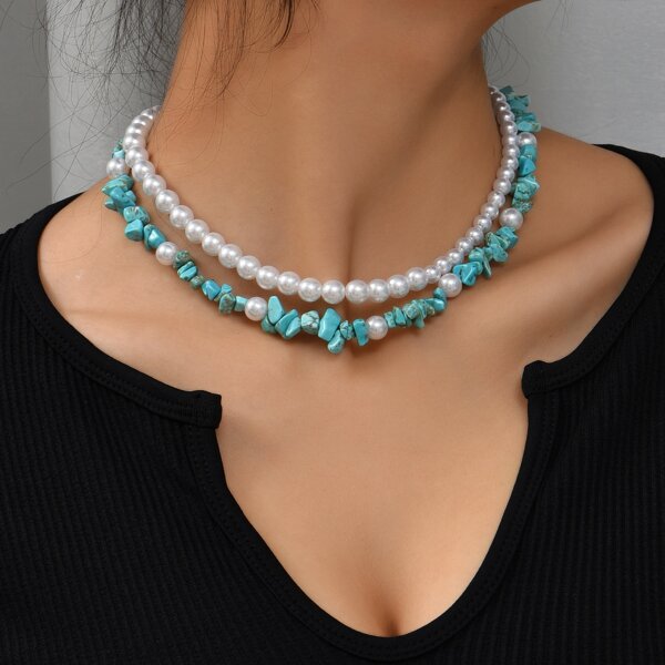 

2pcs Stone Beaded Necklace, Multicolor