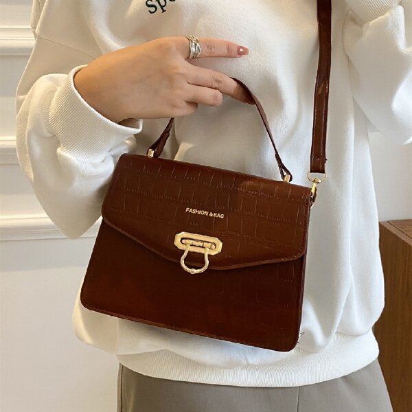 

Letter Graphic Croc Embossed Flap Square Bag, Coffee brown