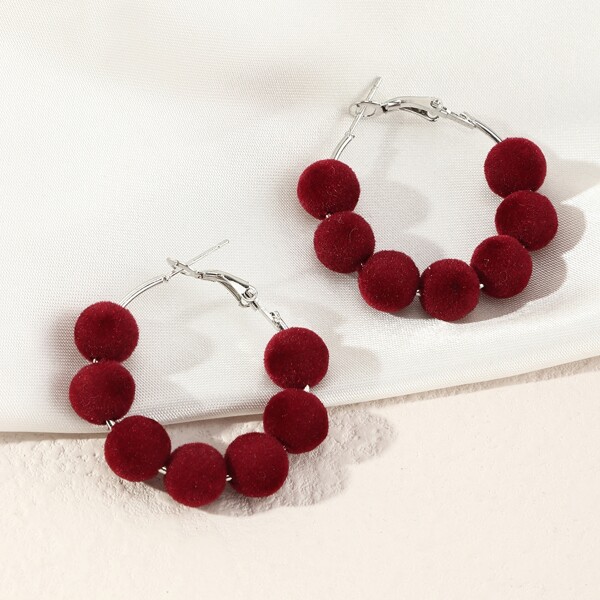 

Pom Pom Decor Hoop Earrings, Burgundy