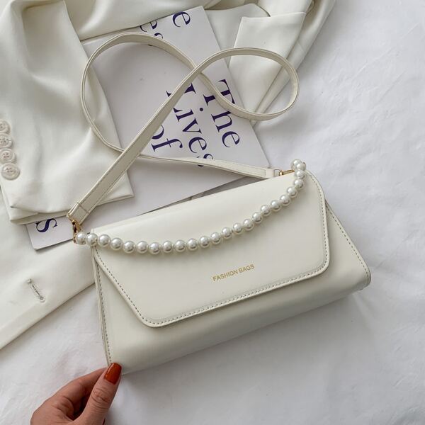 

Faux Pearl Decor Flap Satchel Bag, Beige