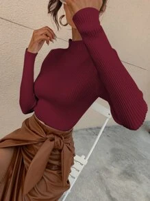 RueChic Mock Neck Ribbed Knit Solid Jumper - Burgundy - View 1