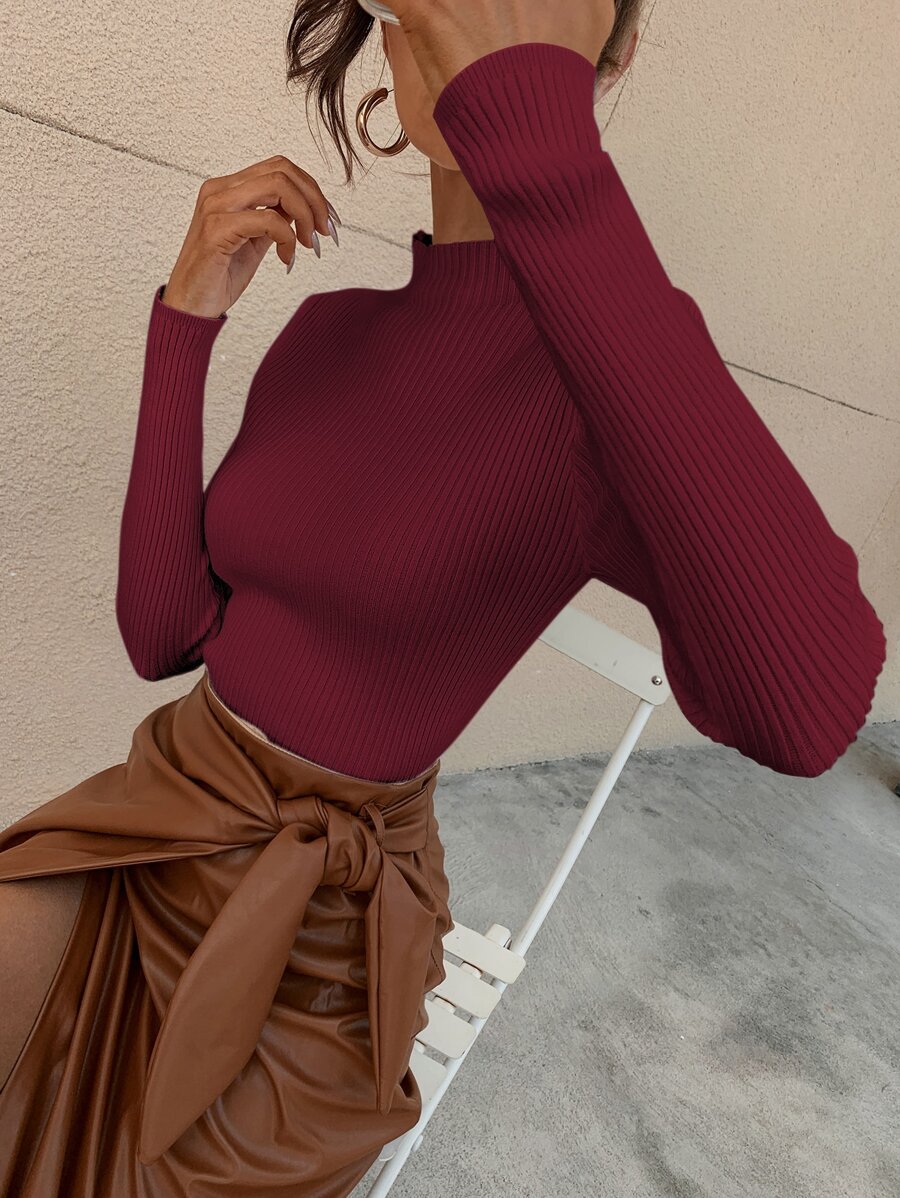 RueChic Mock Neck Ribbed Knit Solid Jumper - Burgundy - View 1
