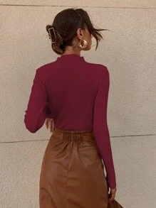 RueChic Mock Neck Ribbed Knit Solid Jumper - Burgundy - View 2