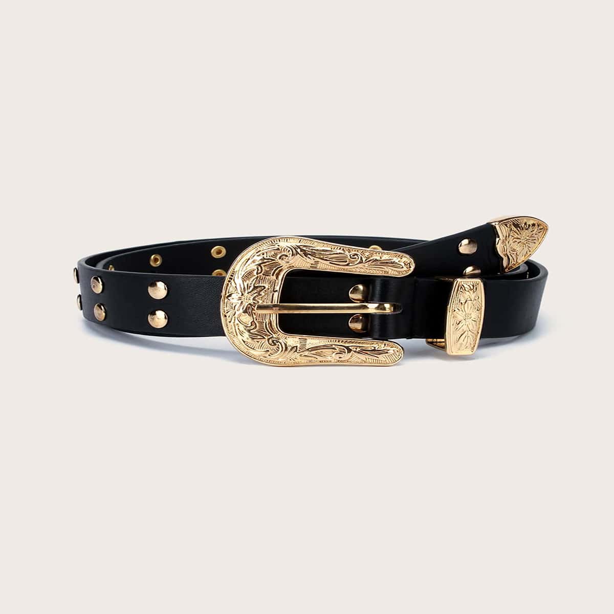 

Metal Engraved Buckle Belt, Black