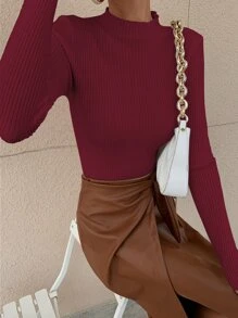 RueChic Mock Neck Ribbed Knit Solid Jumper - Burgundy - View 3