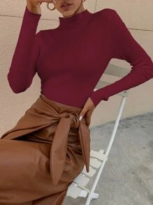 RueChic Mock Neck Ribbed Knit Solid Jumper - Burgundy - View 4