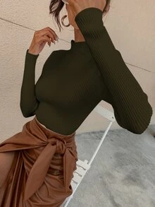 RueChic Jersey de cuello alto tejido de canalé unicolor - Verde militar - Ver 5