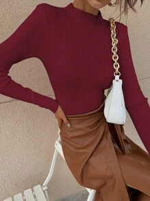 RueChic Mock Neck Ribbed Knit Solid Jumper - Burgundy - View 6