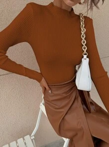 RueChic Jersey de cuello alto tejido de canalé unicolor - Marrón - Ver 6