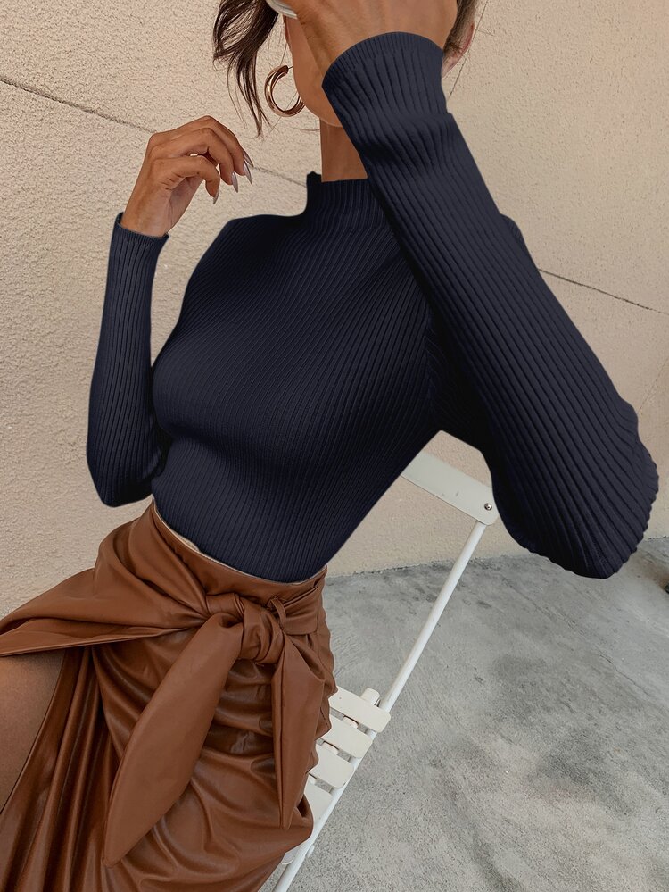 Mock Neck Ribbed Knit Solid Sweater - Navy Blue - View 4