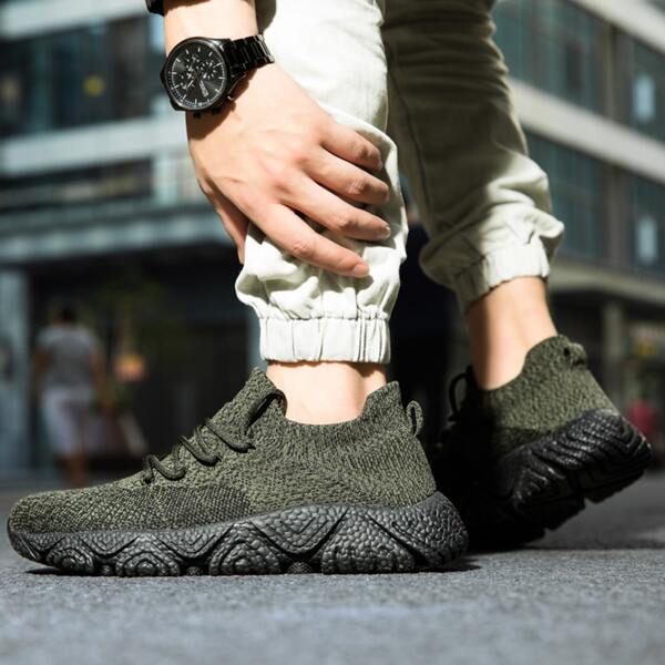 

Men Lace Up Decor Knit Sneakers, Army green