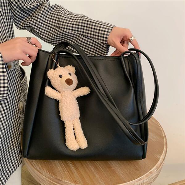 

Minimalist Tote Bag With Cartoon Bear Bag Charm, Black
