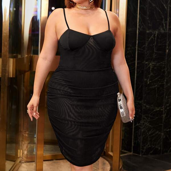 

Plus Ruched Mesh Bodycon Dress, Black