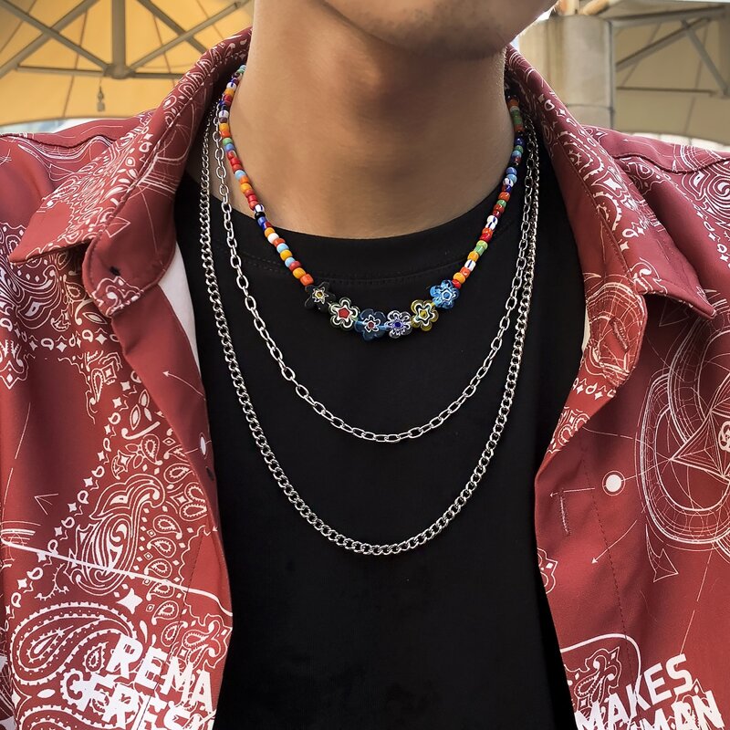 

Guys 3pcs Floral Beaded Necklace, Silver