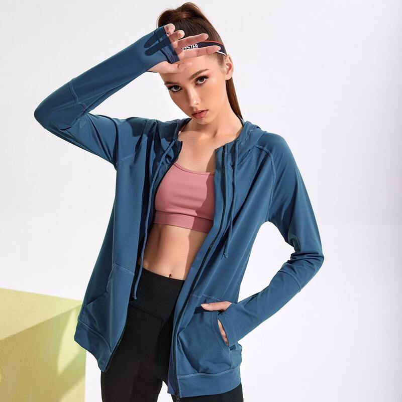 

Solid Zip Up Drawstring Absorbs Sweat Feels Like Skin Hooded Sports Jacket, Dusty blue