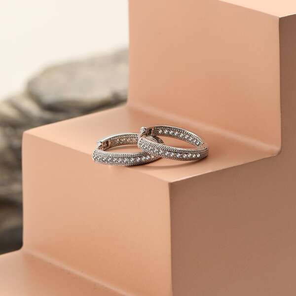 

18K Gold Plated Zircon Decor Hoop Earrings, Silver