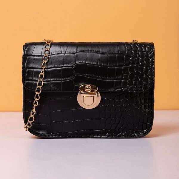 

Croc Embossed Flap Square Bag, Black