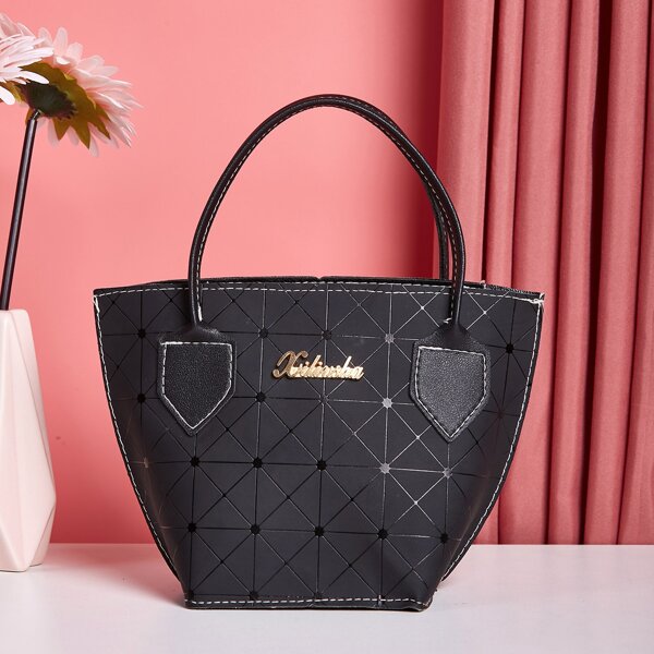 

Geo Graphic Metallic Letter Decor Bucket Bag, Black