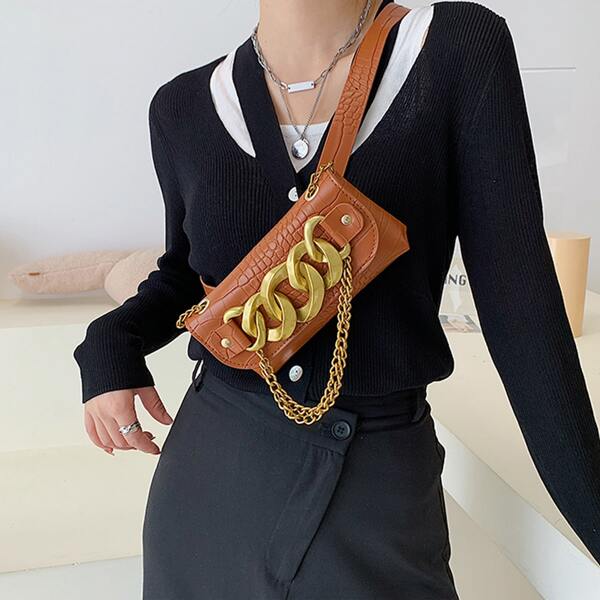 

Metal Decor Croc Embossed Square Bag, Brown