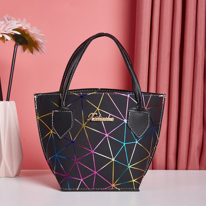 

Colorblock Geometric Pattern Satchel Bag, Black