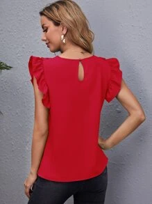 SHEIN Clasi 荷葉邊袖口素色上衣 - 紅色 - 查看 3