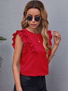 SHEIN Clasi 荷葉邊袖口素色上衣 - 紅色 - 查看 6