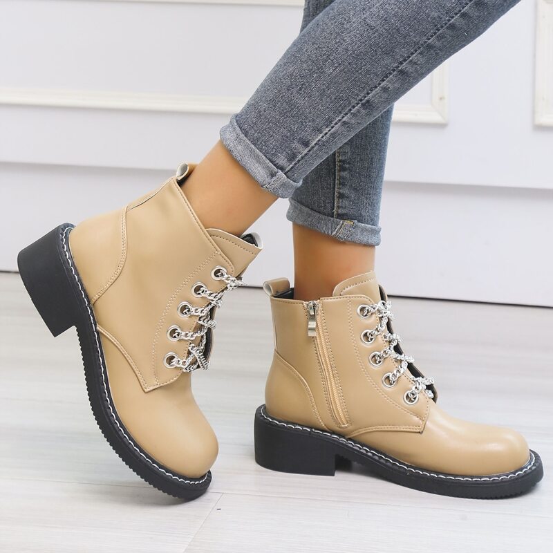 

Chain Detail Side Zipper Boots, Khaki