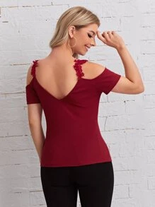 SHEIN Clasi Áo thun Tương phản ren màu trơn Giải trí - Màu Đỏ Sâu - Xem 2