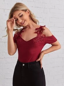 SHEIN Clasi Áo thun Tương phản ren màu trơn Giải trí - Màu Đỏ Sâu - Xem 3