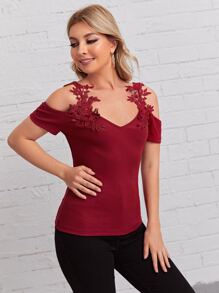 SHEIN Clasi Áo thun Tương phản ren màu trơn Giải trí - Màu Đỏ Sâu - Xem 5