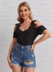 SHEIN Clasi Women Summer Lace Flower Patchwork Off-Shoulder Short Sleeve Elegant T-Shirt Cold Shoulder Top - Black - View 1