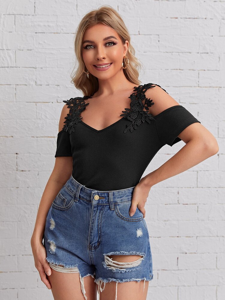 SHEIN Clasi Women Summer Lace Flower Patchwork Off-Shoulder Short Sleeve Elegant T-Shirt Cold Shoulder Top - Black - View 1