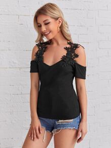 SHEIN Clasi Women Summer Lace Flower Patchwork Off-Shoulder Short Sleeve Elegant T-Shirt Cold Shoulder Top - Black - View 3