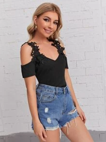 SHEIN Clasi Women Summer Lace Flower Patchwork Off-Shoulder Short Sleeve Elegant T-Shirt Cold Shoulder Top - Black - View 6