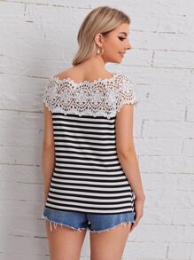 SHEIN LUNE Contrast Guipure Lace Striped Tee - Black and White - View 2