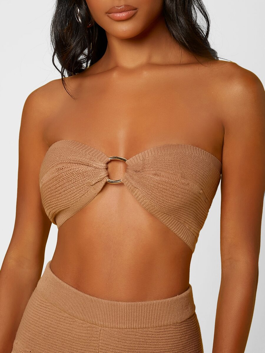 SHEIN SXY 1入組圓形扣環短款針織抹胸上衣 - 駝色 - 查看 1